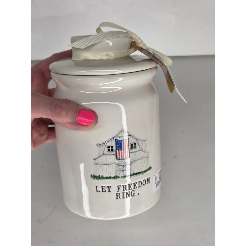Rae Dunn Let Freedom Ring Barn American Flag Ceramic Canister Jar 250th Anniv